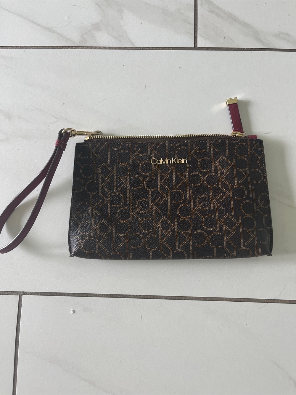 Calvin Klein Brown Logo Wristlet Clutch with Burgundy Strap